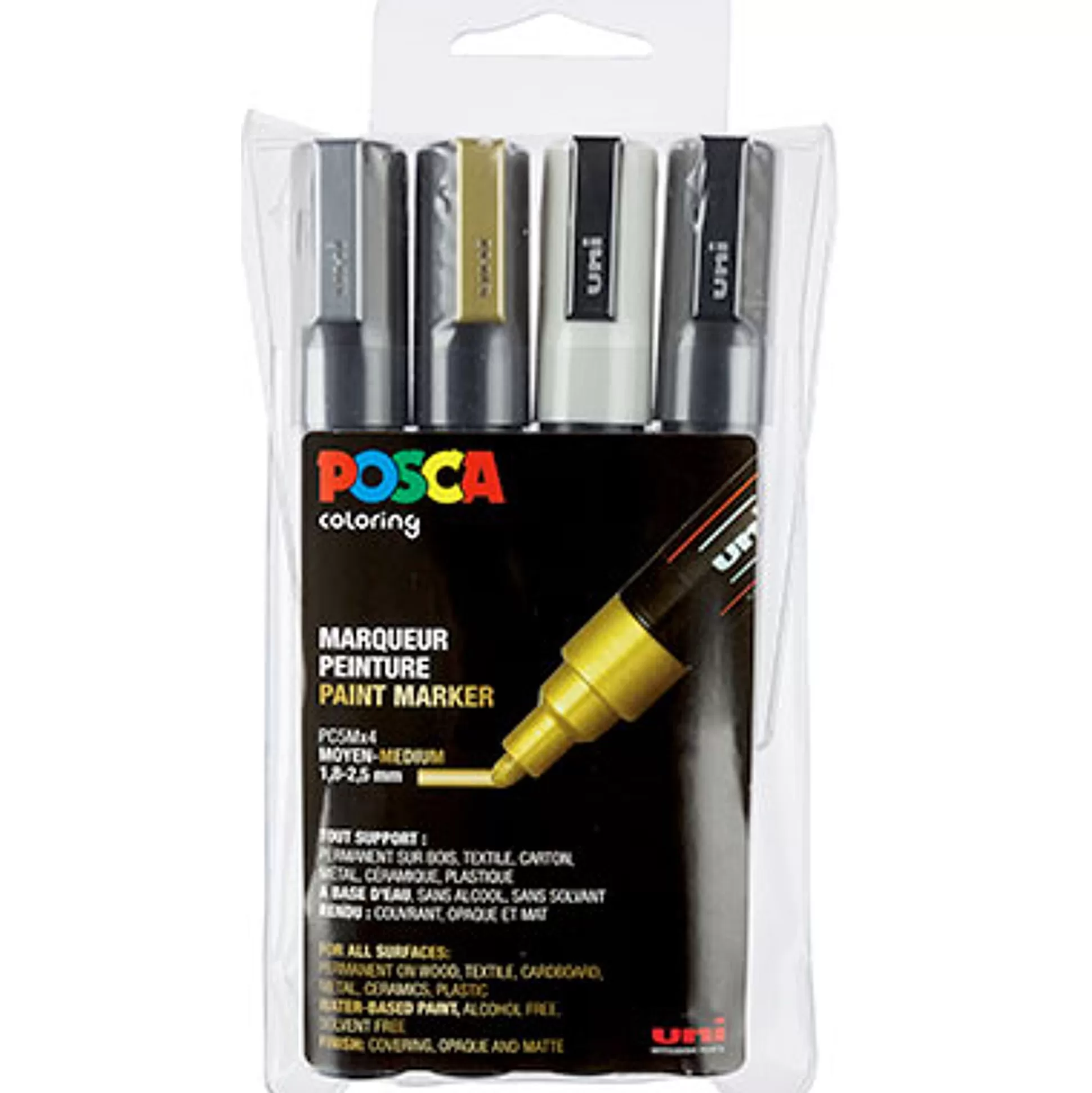 POSCA Stiften-Marker Zilver + Goud + Wit + Zwart Medium 1,8-2,5Mm 4 Stuks