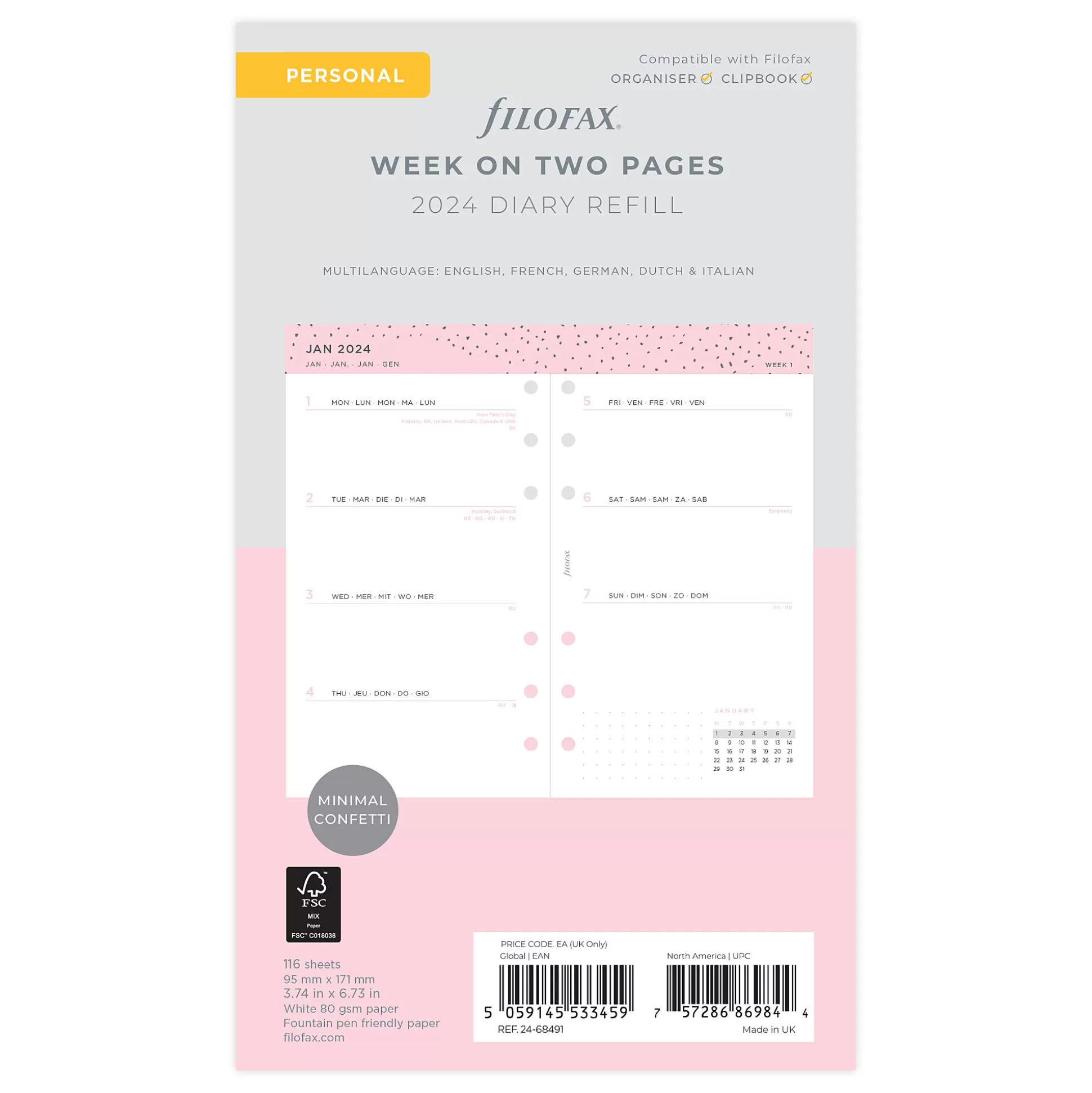 FILOFAX Planners & Lijstjes-Vulling Agenda 9,5X17,1Cm 1 Week Op 2 Pagina's 6 Talen Confetti Personal