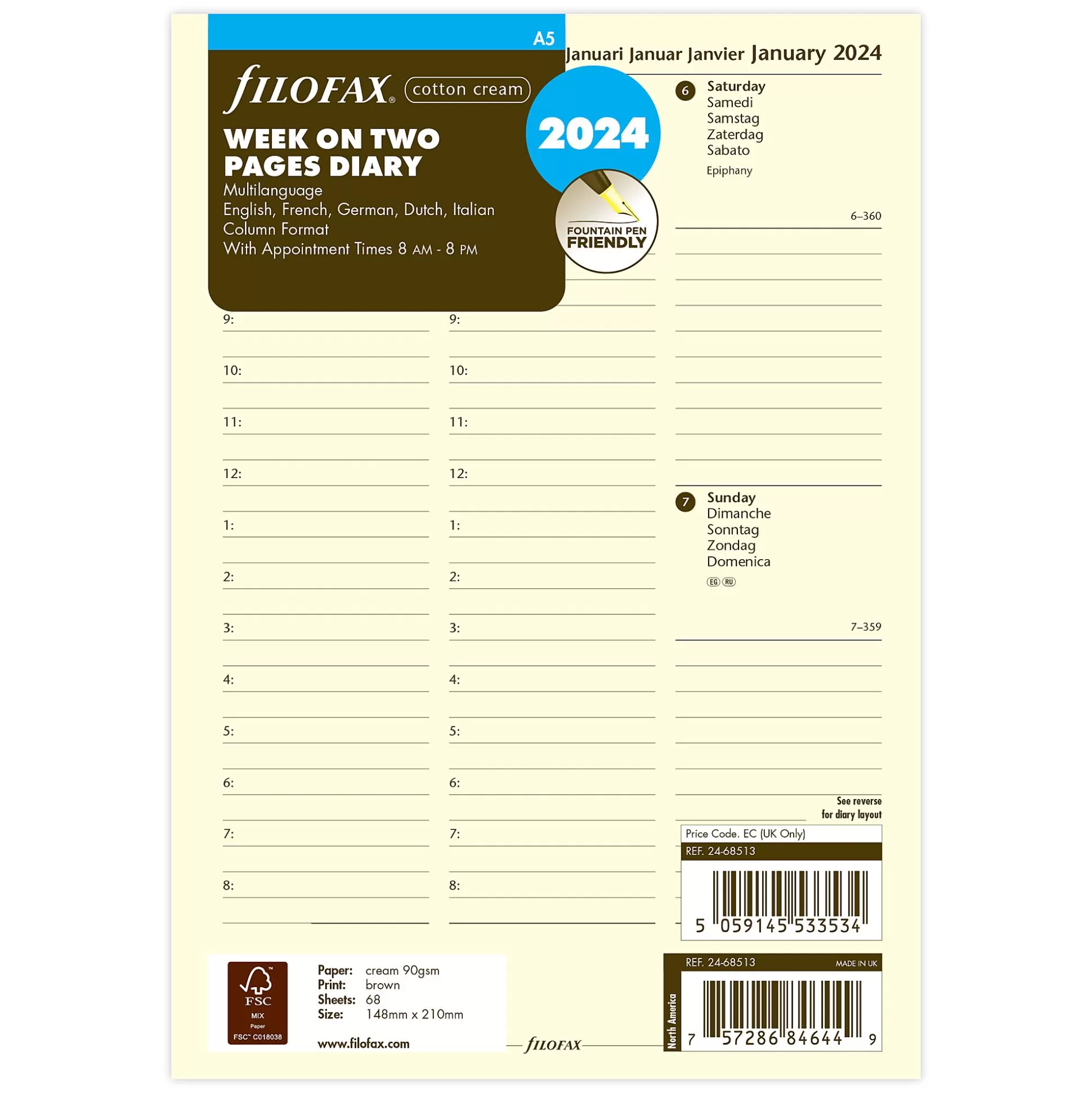 FILOFAX Planners & Lijstjes-Vulling Agenda A5 1 Week Op 2 Pagina's 5 Talen Luxury Cotton Cr Me